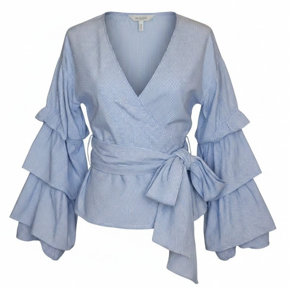 Club Monaco Blue White Striped Ruffle Sleeve Wrap Top Medium Cotton Pinstripe